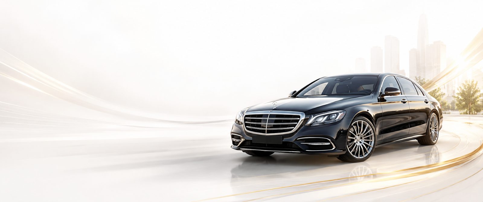 Luxury sedan on a bright road representing clean private transportation