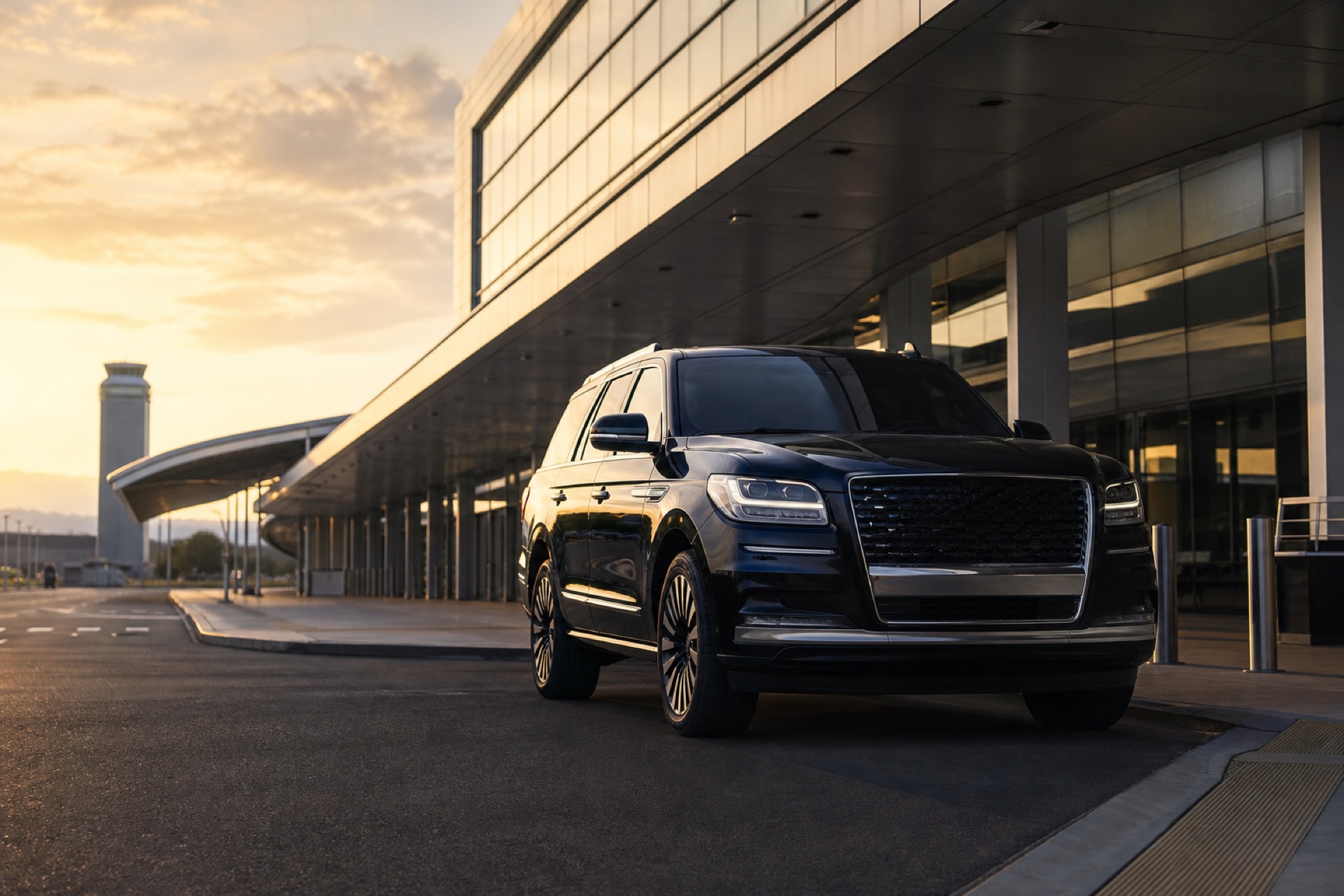 Private luxury SUV at an airport terminal for an Oakland Airport transfer