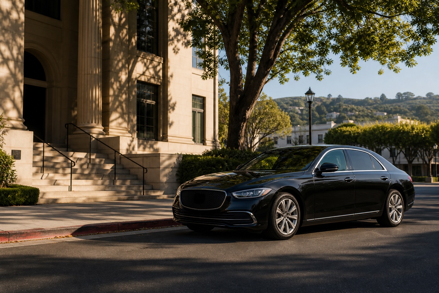 Private luxury sedan outside a San Rafael civic building for chauffeur transportation