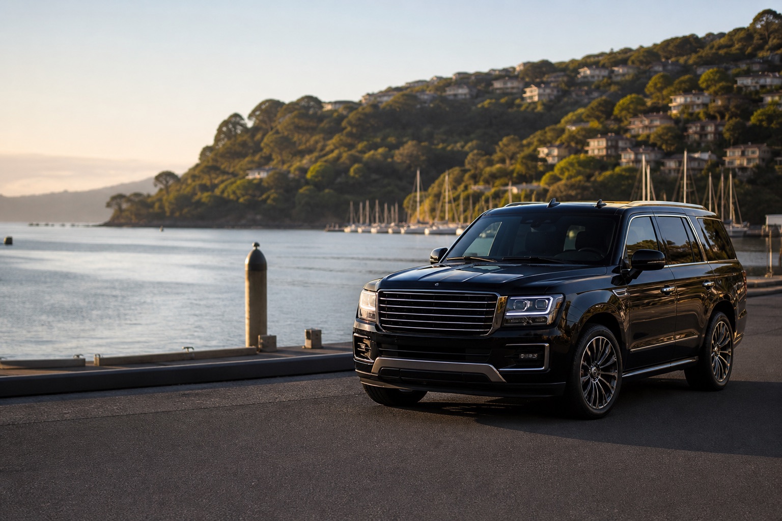 Private luxury SUV beside the Sausalito waterfront for a chauffeur service ride