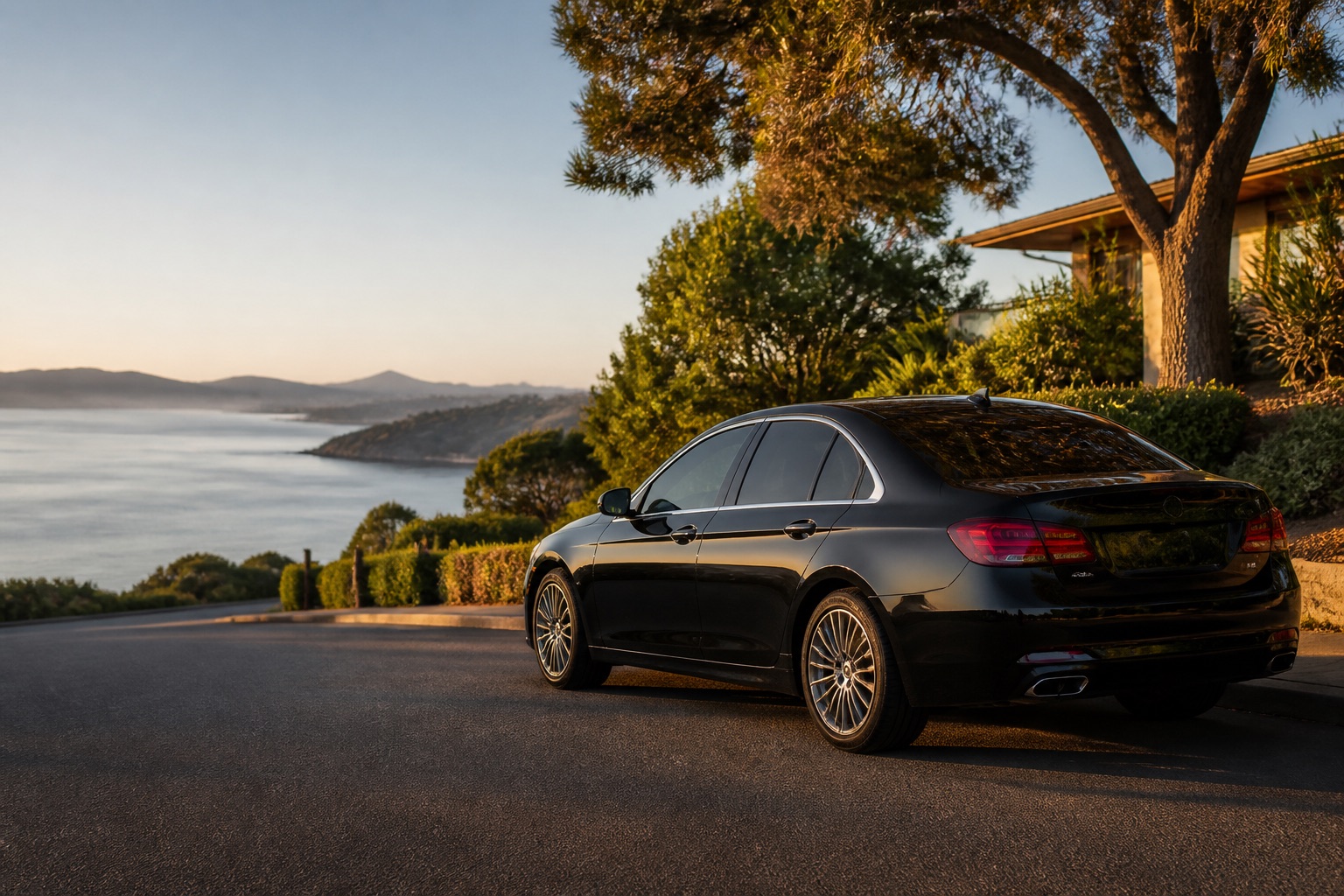 Private luxury sedan on a Tiburon hillside road for chauffeur transportation