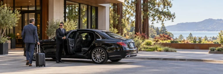 Executive traveler meeting a chauffeur beside a black sedan at a modern Marin County business entrance
