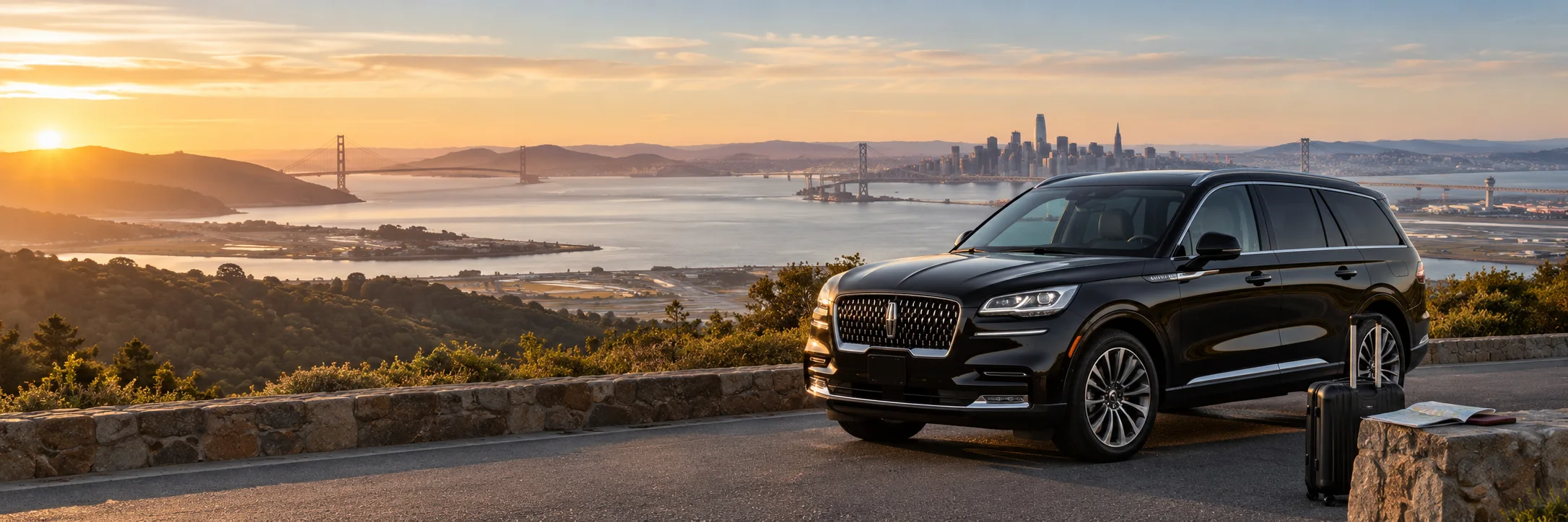 Black luxury SUV with luggage overlooking the Bay Area for an SFO or OAK airport trip from Marin County
