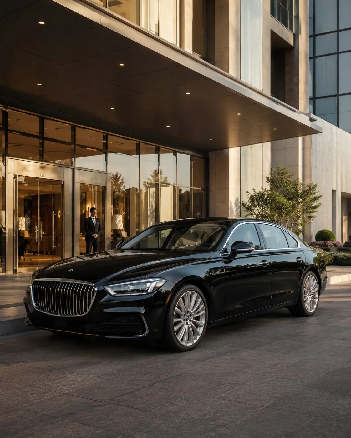 Executive black car outside a business hotel for corporate transportation